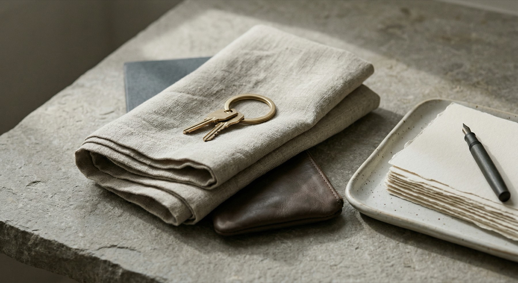 Stone surface with folded linen, brass keys, paper, and pen in soft daylight